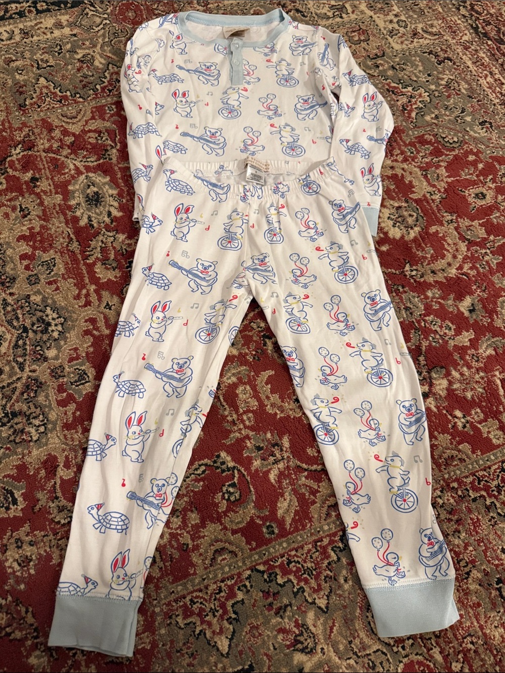The Beaufort Bonnet Company White Pajama Set with Blue and Red Animal Print